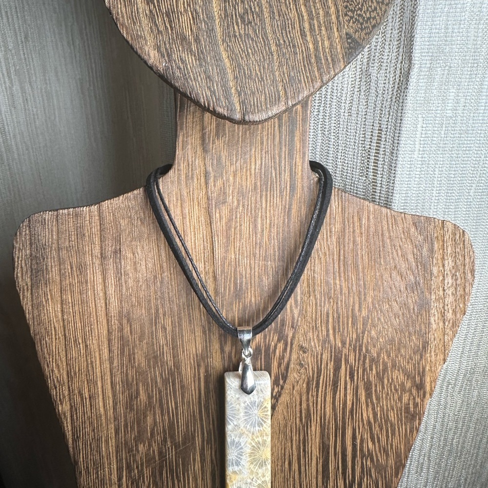 Coral Fossil Thin Rectangle Pendant Necklace on Black Rope - Picture 15 of 16